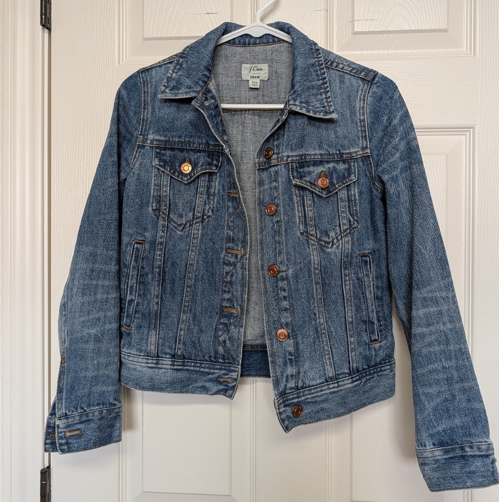 J. Crew Jean Jacket Womens Size XXS Medium Wash Blue Denim Bronze Buttons Pocket